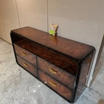 Italian Light Luxury Sideboard with High-Gloss Natural Wood Veneer Four Drawers Open Display Shelf and Gold Wing-Shaped Pulls
